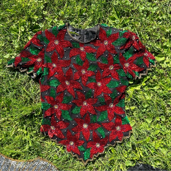 Vintage 80s Silk and Sequins Party Poinsettia Top - Picture 9 of 10